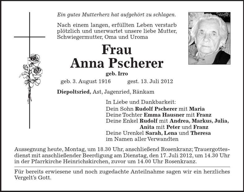 Traueranzeige Anna Pscherer
