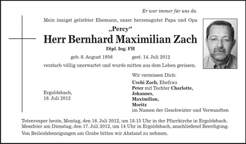 Traueranzeige Bernhard Maximilian Zach