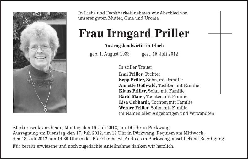 Traueranzeige Irmgard Priller