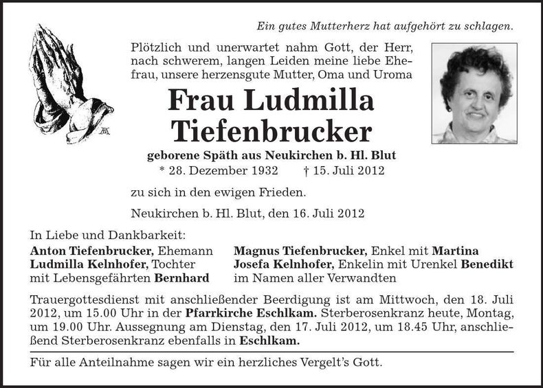 Traueranzeige Ludmilla Tiefenbrucker