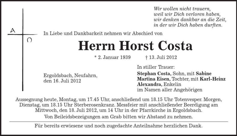 Traueranzeige Horst Costa