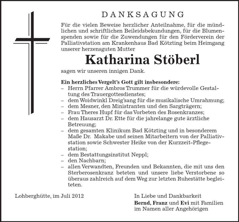 Traueranzeige Katharina Stöberl