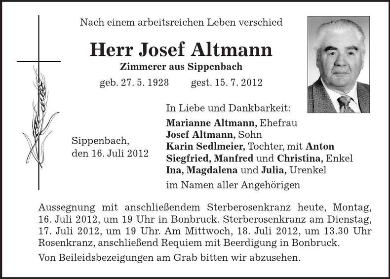 Traueranzeige Josef Altmann