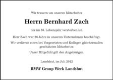 Traueranzeige Bernhard Zach