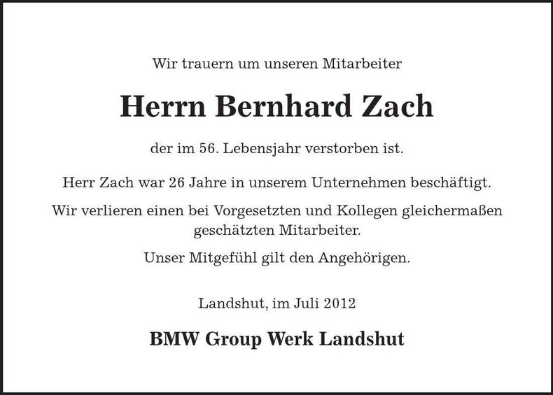 Traueranzeige Bernhard Zach