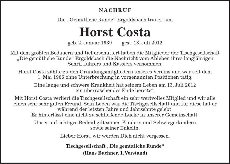 Traueranzeige Horst Costa