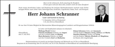 Traueranzeige Johann Schranner