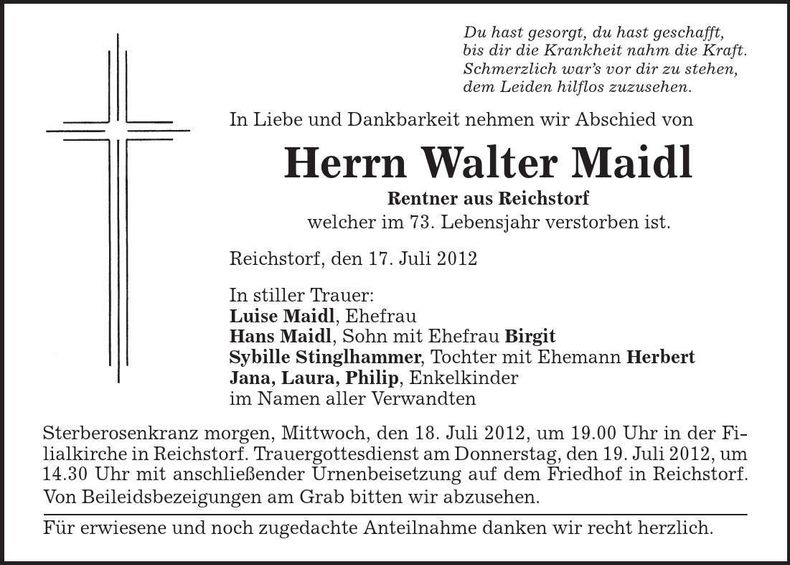 Traueranzeige Walter Maidl