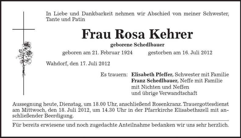 Traueranzeige Rosa Kehrer
