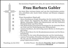 Traueranzeige Barbara Gabler