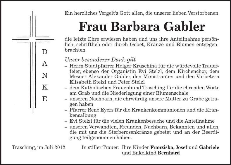 Traueranzeige Barbara Gabler