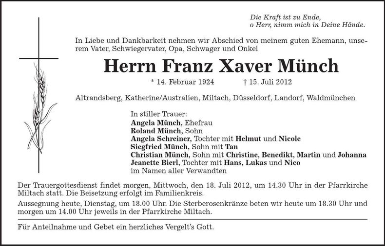 Traueranzeige Franz-Xaver Münch