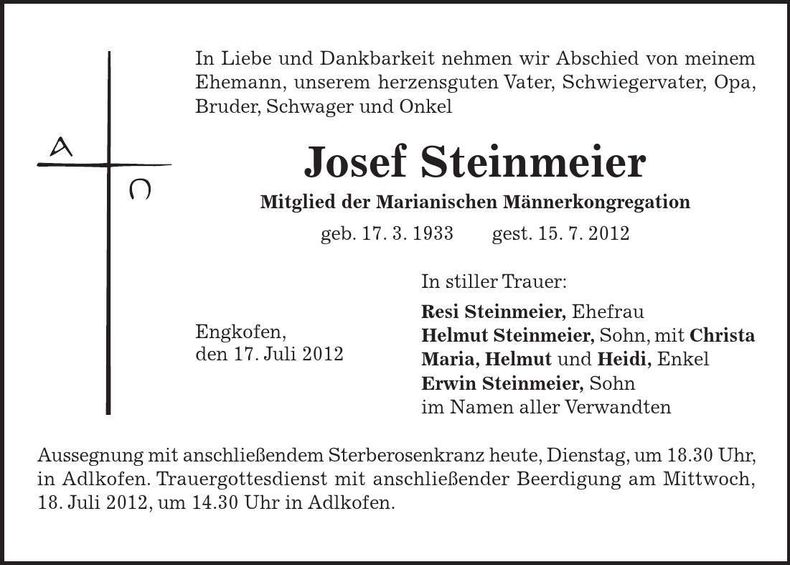 Traueranzeige Josef Steinmeier