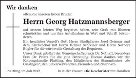 Traueranzeige Georg Hatzmannsberger