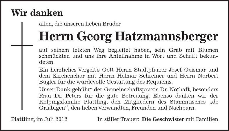 Traueranzeige Georg Hatzmannsberger