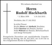 Traueranzeige Rudolf Hackbarth