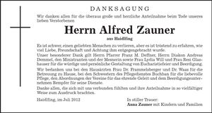 Traueranzeige Alfred Zauner