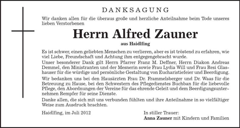 Traueranzeige Alfred Zauner