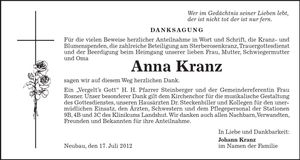 Traueranzeige Anna Kranz