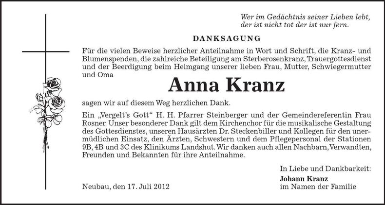 Traueranzeige Anna Kranz