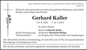 Traueranzeige Gerhard Kaller
