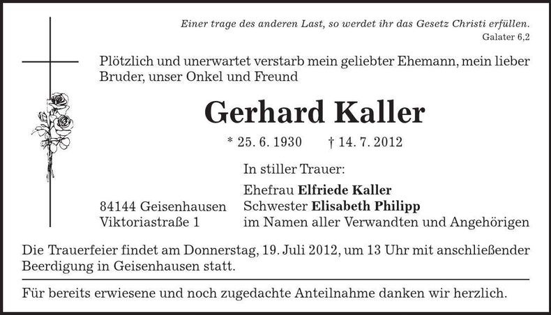 Traueranzeige Gerhard Kaller