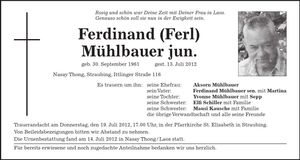 Traueranzeige Ferdinand Mühlbauer