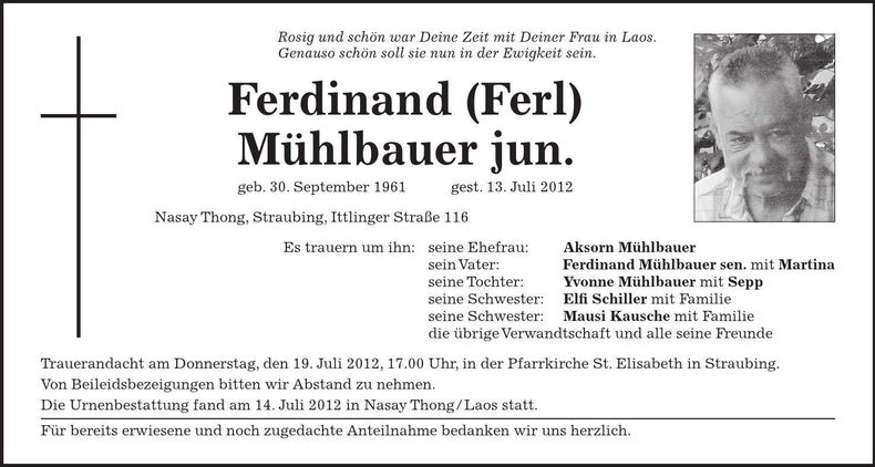 Traueranzeige Ferdinand Mühlbauer