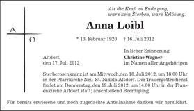 Traueranzeige Anna Loibl
