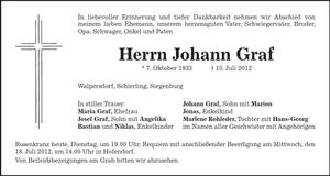 Traueranzeige Johann Graf