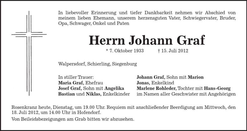 Traueranzeige Johann Graf