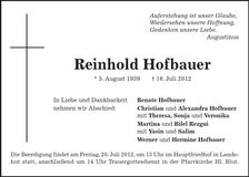 Traueranzeige Reinhold Hofbauer