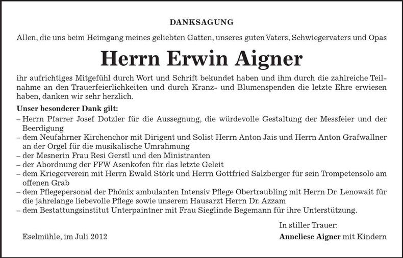 Traueranzeige Erwin Aigner