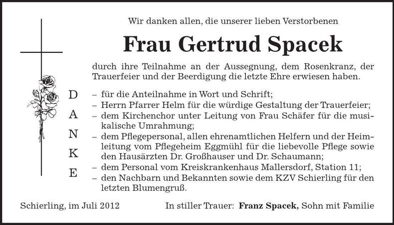 Traueranzeige Gertrud Spacek