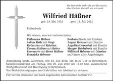 Traueranzeige Wilfried Häßner