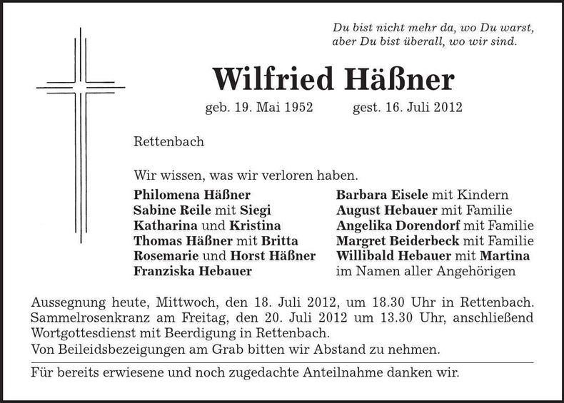 Traueranzeige Wilfried Häßner