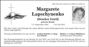 Traueranzeige Margarete Lapschynenko