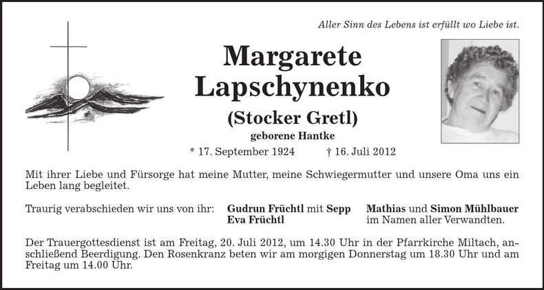 Traueranzeige Margarete Lapschynenko