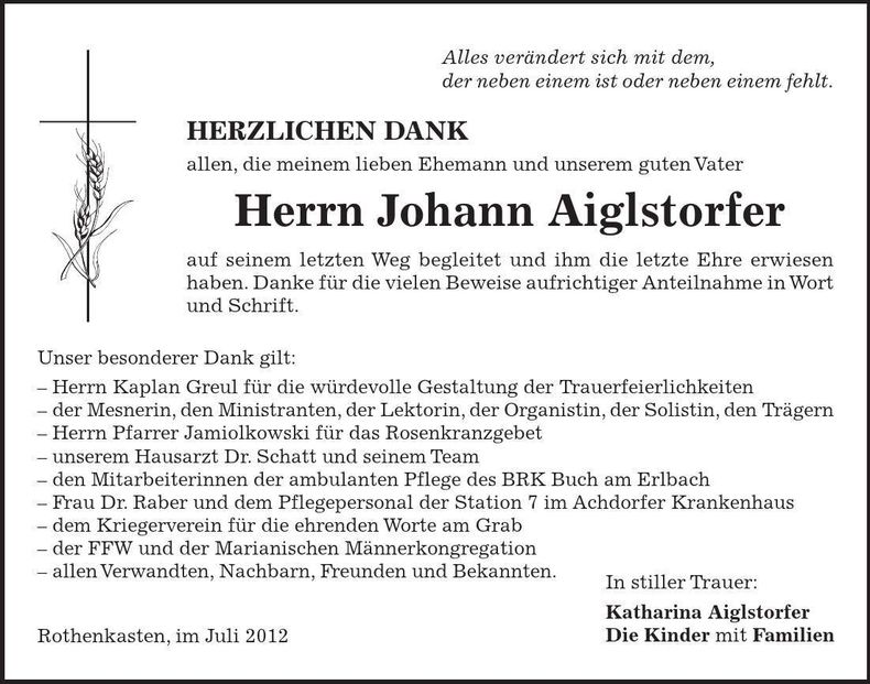 Traueranzeige Johann Aiglstorfer