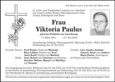 Traueranzeige Voktoria Paulus