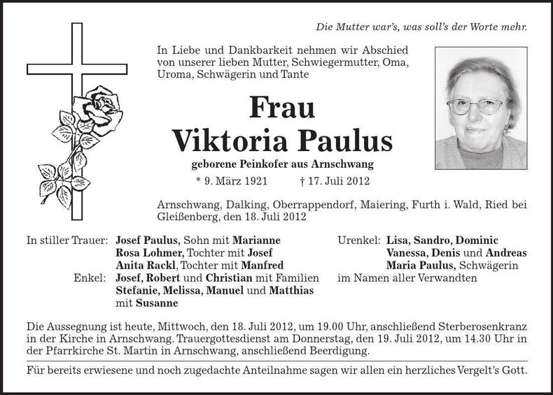 Traueranzeige Voktoria Paulus