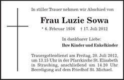 Traueranzeige Luzie Sowa