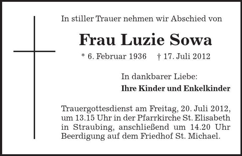 Traueranzeige Luzie Sowa