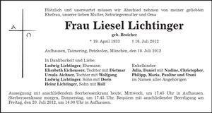 Traueranzeige Liesel Lichtinger