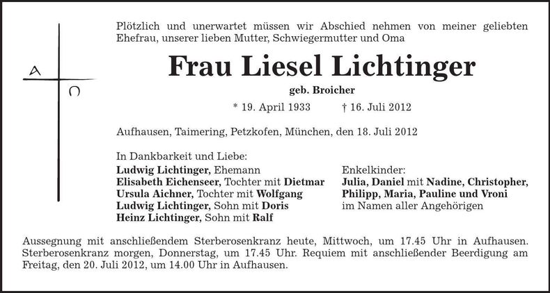 Traueranzeige Liesel Lichtinger