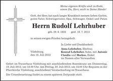 Traueranzeige Rudolf Lehrhuber