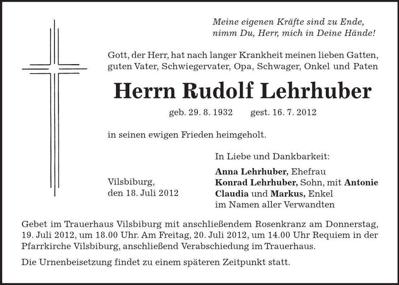 Traueranzeige Rudolf Lehrhuber