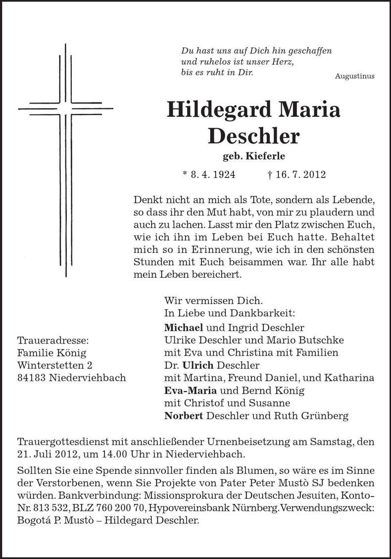 Traueranzeige Hildegard Maria Deschler