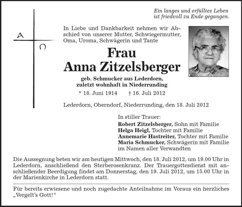 Traueranzeige Anna Zitzelsberger