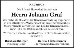 Traueranzeige Johann Graf